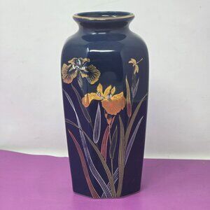Vintage Japanese Blue Fine China Vase With Gold & Orange Floral Design Octagonal